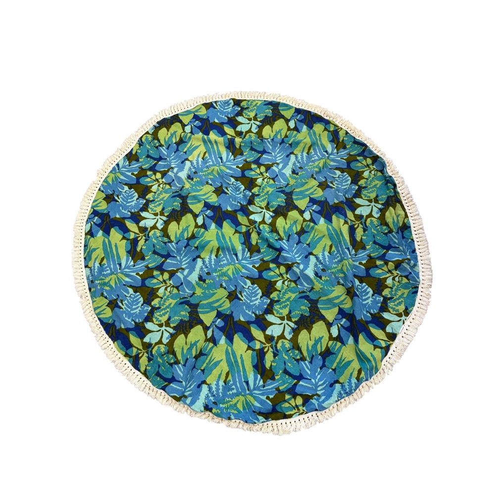 60s Vtg Round Beach Towel Tropical Leaf Print Blue Green Fringed 56 Inch Retto